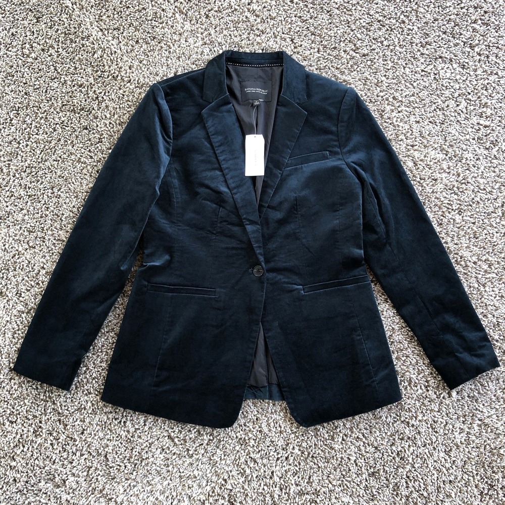 Banana Republic Long & Lean Velvet Blazer Size 2 Petite Blue Velvet‎ Jacket NWT